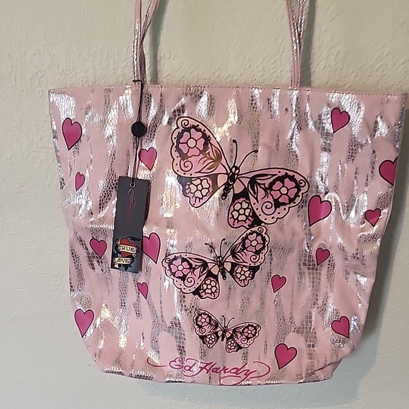 Ed Hardy Pink and Silver Butterfly Heart Tote - Picture 8 of 12
